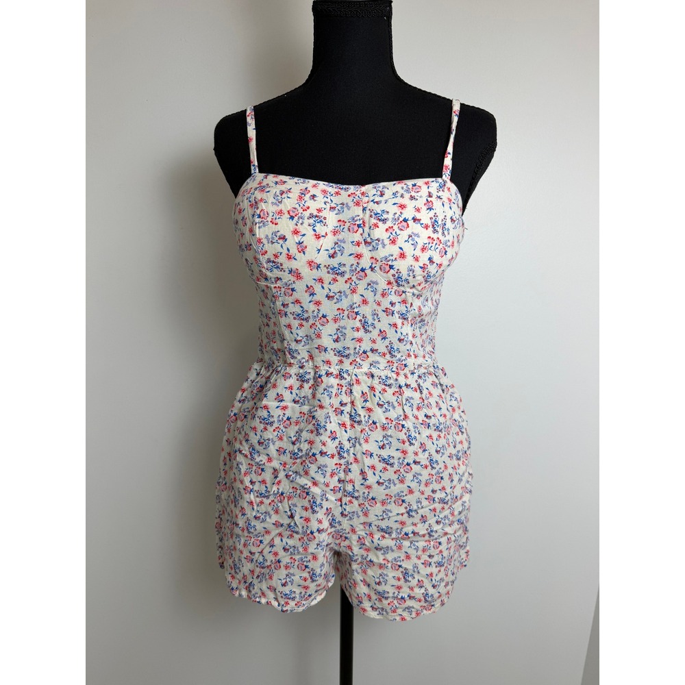 Cottagecore Coquette Linen Blend Floral Romper Lily Rose Smocked Back Small